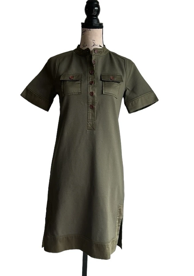 Diane Von Furstenberg Satin Trim Military Shirt Dress Olive Green Size 2 - Image 3 of 4