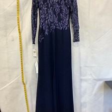 Tadashi Shoji Womens Navy Floral Long Sleeve Asymmetrical Hem Long Gown 4