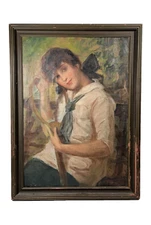 ANTIQUE SIGNED ORIGINAL YOUNG WOMAN PORTRAIT TENNIS RACKET ILLUSTRATION PAINTING
