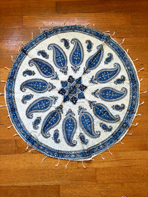 Ghalamkar Aziz Atrian 38'' Round Hand Printed Cotton Cloth of Esfahan Blue/White