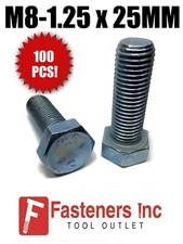(Qty 100) M8-1.25 x 25mm Hex Bolt Zinc Plated Grade 10.9 Cap Screw Metric