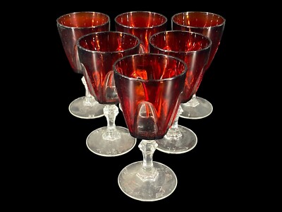 6 Vintage French Cristal d'Arques Gothic Ruby Cut to Clear Clear Wine Goblets 5''