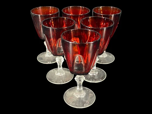 6 Vintage French Cristal d'Arques Gothic Ruby Cut to Clear Clear Wine Goblets 5"