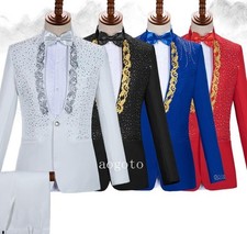 Men's Rhinestones Decor Suits Blazer Dress Stage Party Wedding Coat Pants 2PCS