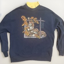 Vintage Cat Kitten Sweatshirt Crewneck Womens Sz Large Navy Cats Grandmacore