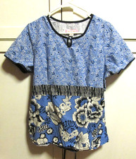 KOI by Kathy Peterson Blue Floral Flower Scrub Top -Back Tie - Side Pockets - L