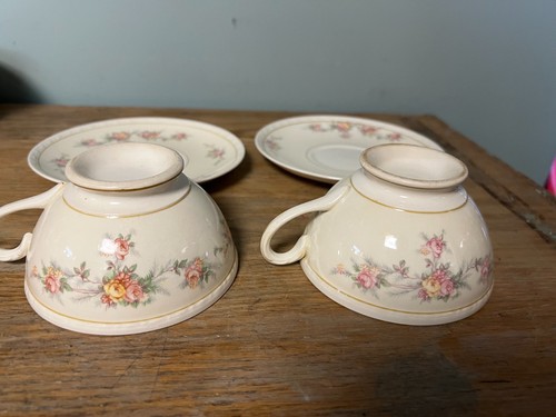 HOMER LAUGHLIN Georgian Eggshell CUP SAUCER Set of 2 Pink Yellow ROSES - Picture 2 of 6