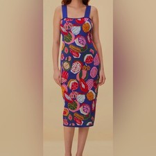 Farm Rio Colorful Salad Knit Dress Blue Fruit Print Bodycon Midi Size M (NWOT)