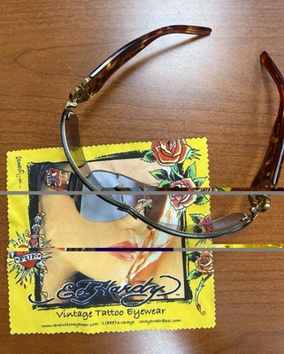 Ed Hardy Rhinestone Shield Sunglasses Y2K Tattoo w Case Cloth Extras