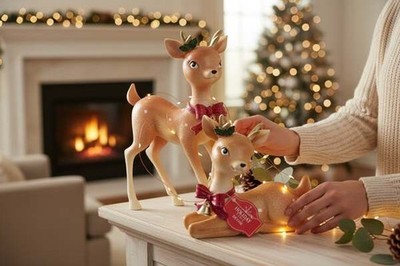 Holiday Time Christmas Reindeer Ceramic Retro Style Figures Set of 2 NWT
