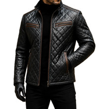 Men  s Black Lambskin Genuine Leather Quilted Jacket Moto Biker Style Zip Up Coat
