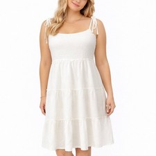 XL White Swiss Dot Tiered Mini Dress Fit Flare Smocked Cottagecore