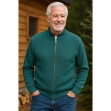LL Bean Mens L Long Full Zip Ribbed Mock Neck Cotton Sweater Teal Made in USA