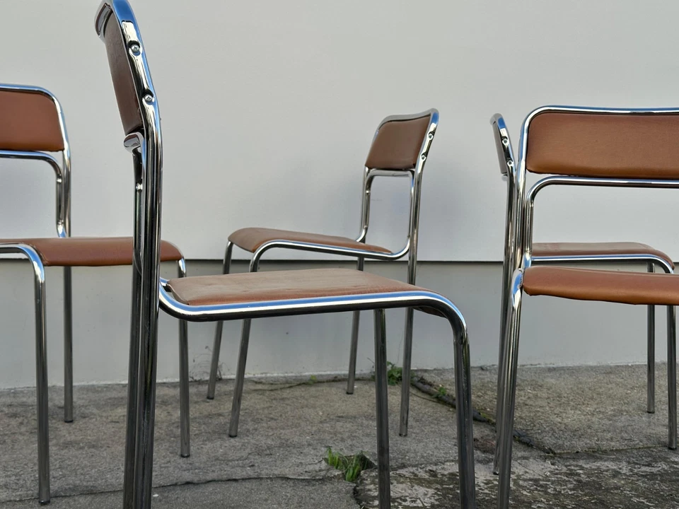 Vintage Bauhaus Chrome Tubular Steel Chair, Brown Faux leather dining chairs - Bild 4 von 4