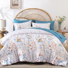 Floral Comforter Set Queen Size, 7 Piece Cute Blue Comforters Bed in a Bag