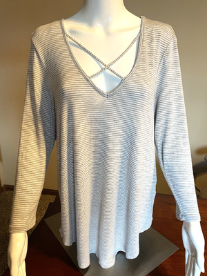 Olivia Sky Long Tunic Top Cut Outs by Neck Gray white stripes Size Large EUC