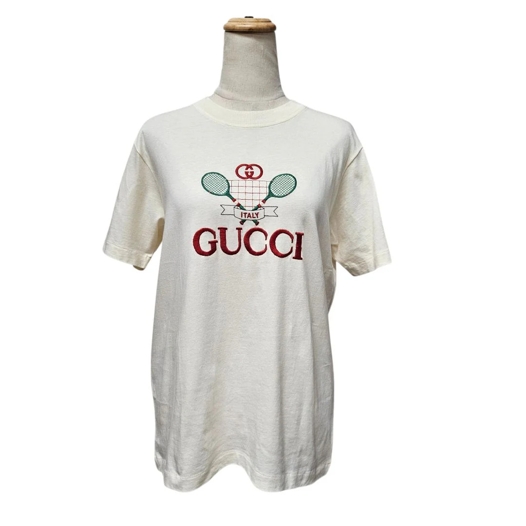 Gucci Off-White Tennis Logo Embroidered Jersey T-Shirt Size S