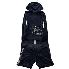 Juicy Couture Navy Velour Tracksuit Set Zip Up Hoodie  Pant Graphic Y2K Size 12
