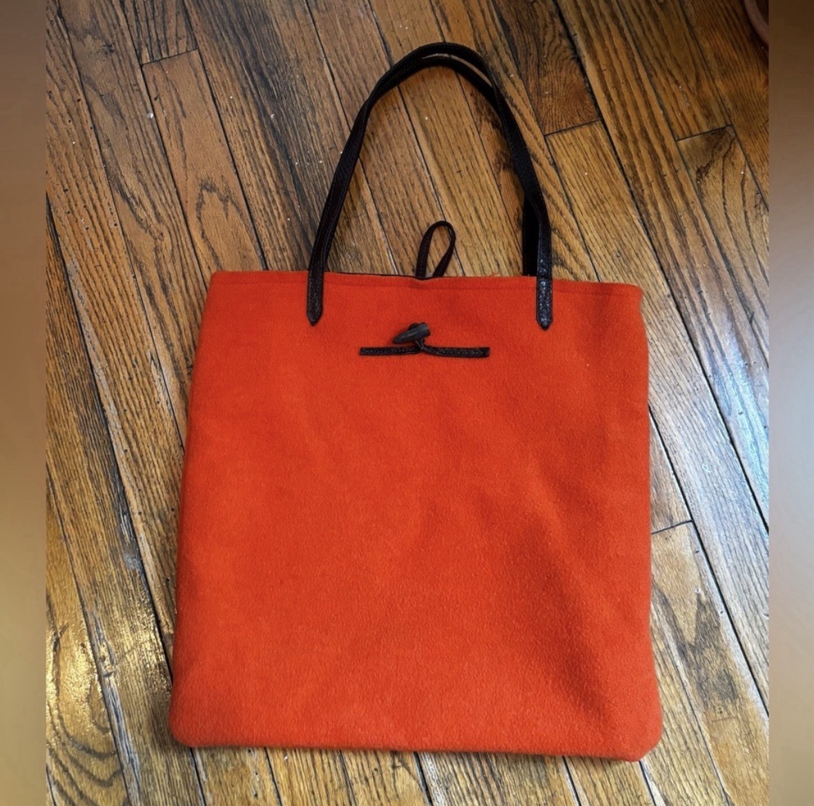 Orange Solid Tote Bag Toggle Accent Black Leather… - image 2