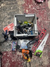 Large box of various tools and flight case sander hammer paint stripper Diy