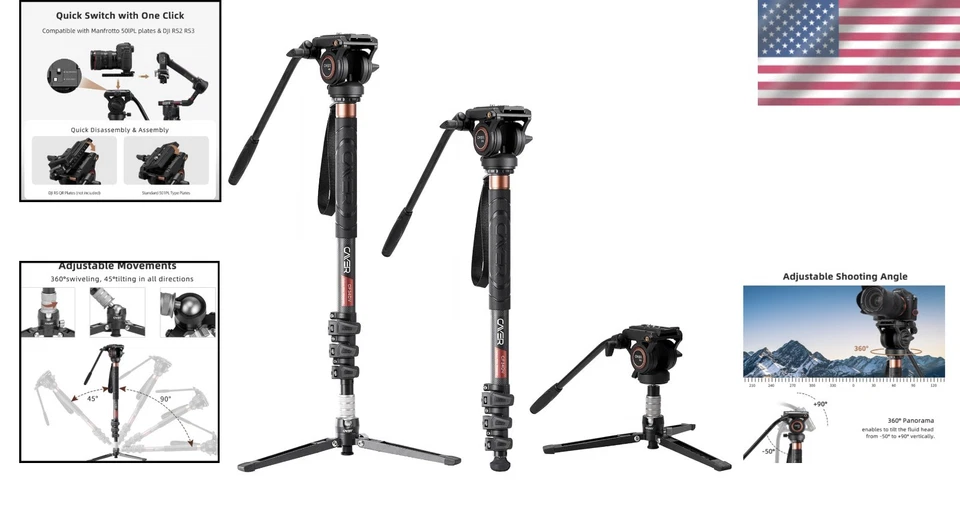 Lightweight Telescopic Monopod with Fluid Head & Extra Plate for DSLR Cameras - Image 2 of 4