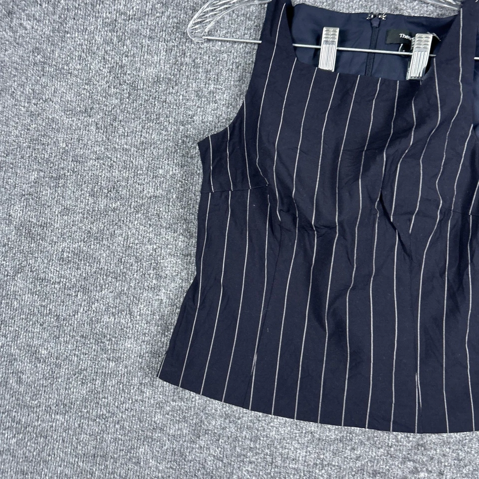 Camisa Theory Mujer Pequeña Azul Marino Rayas Cuello Cuadrado Concha Blusa Top Carrera Foto 3 de 4