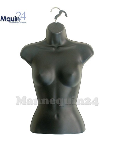 Black Mannequin Male & Female Torso Set - 2 Plastic Dress Forms with 2 Hangers - Picture 3 of 7