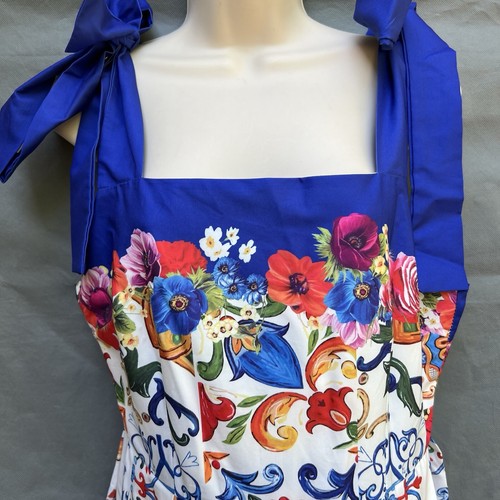 Dalia MacPhee Marine Blue & Red Floral Geometric Tie-Shoulder A-Line Dress Sz M - Picture 5 of 8