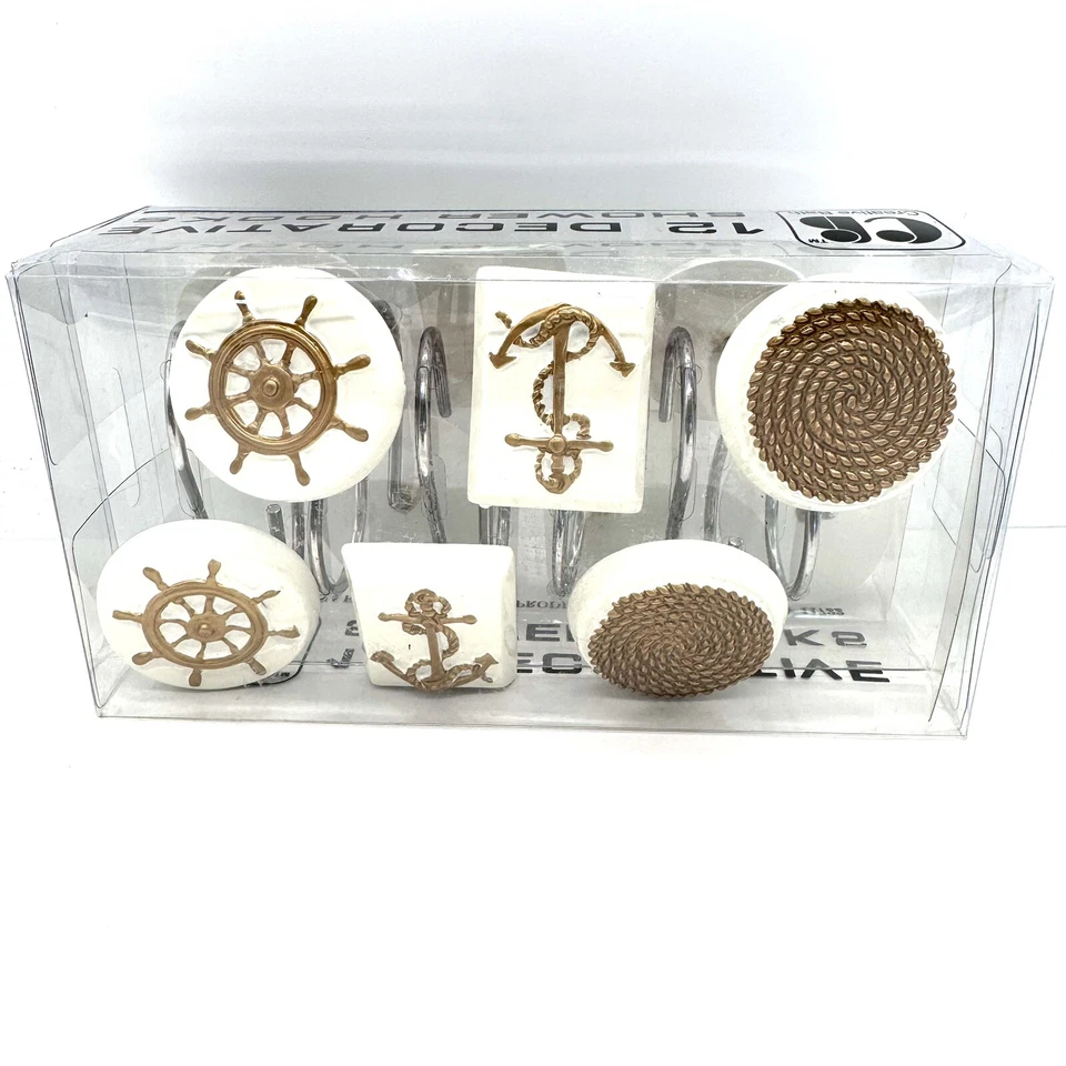 Крючки для занавесок для душа тема морского якоря колеса 12 шт золото на белой смоле ванна - Изображение 2 из 4