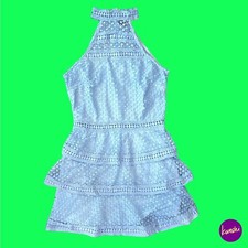 PRETTY LITTLE THING Women's Crochet Mini Dress, Halter Neck, Tiered, Blue, UK 10