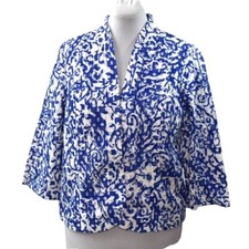 Chicos Eyelet Jacket Womens 16 Size 3 Blue White Floral 3/4 Sleeve Open Front