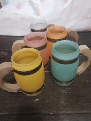 Retroset Of 5 Siestaware Glass Hawaiian Mugs Wood Handles Barrell And Tankar
