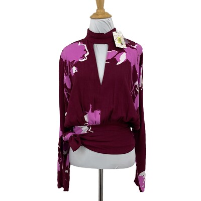 Free People Top Womens S Small Bordeaux Floral Tie Waist Say You Love Me Blouse