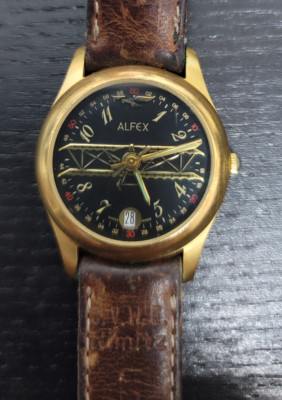 Rare Alfex C.V.W.E. Nimitz US Navy Biplane Watch   Black Face, Gold Case, Swiss