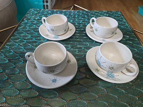 Set Of Four Franciscan Ware Atomic Starburst Cups & Saucers USA MCM 