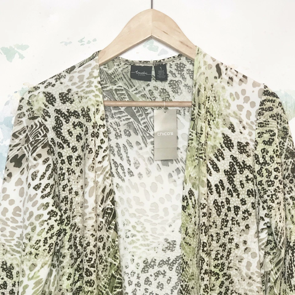 Chico's Travelers Jacket Size 1 Medium Animal Melange Blocked Brown Green NWT - Image 2 of 4