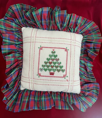 Handmade Counted Cross-Stitch 1991 Christmas Tree / Taffeta Ruffles/Back Pillow