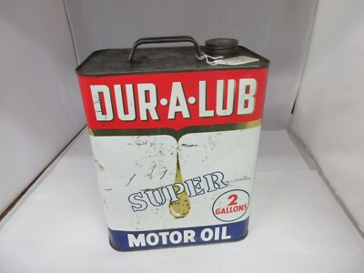VINTAGE ADVERTISING DUR-A-LUB MOTOR OIL 2 GALLON CAN TIN GARAGE SHOP M ...