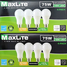 8 MaxLite A19 LED Bulbs 75W Eq 10W Dimmable 2700K Soft White 1100 Lumens