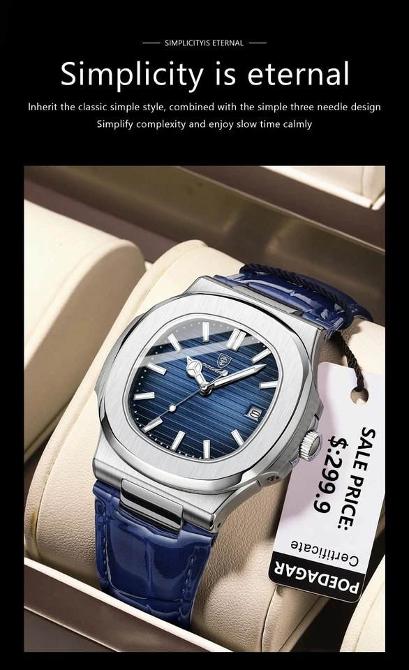 Leder Armbanduhr mit Datum - Herrenuhr Leuchtzeiger Luxusuhr + Uhrenbox - Bild 4 von 4