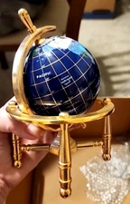 Gemstone Globe With Full Gold Tone Stand Paperweight Rotates Blue