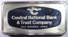 1971, Franklin Mint, Central NB & TC, Des Moines, IA,  1000 Grains Silver Bar