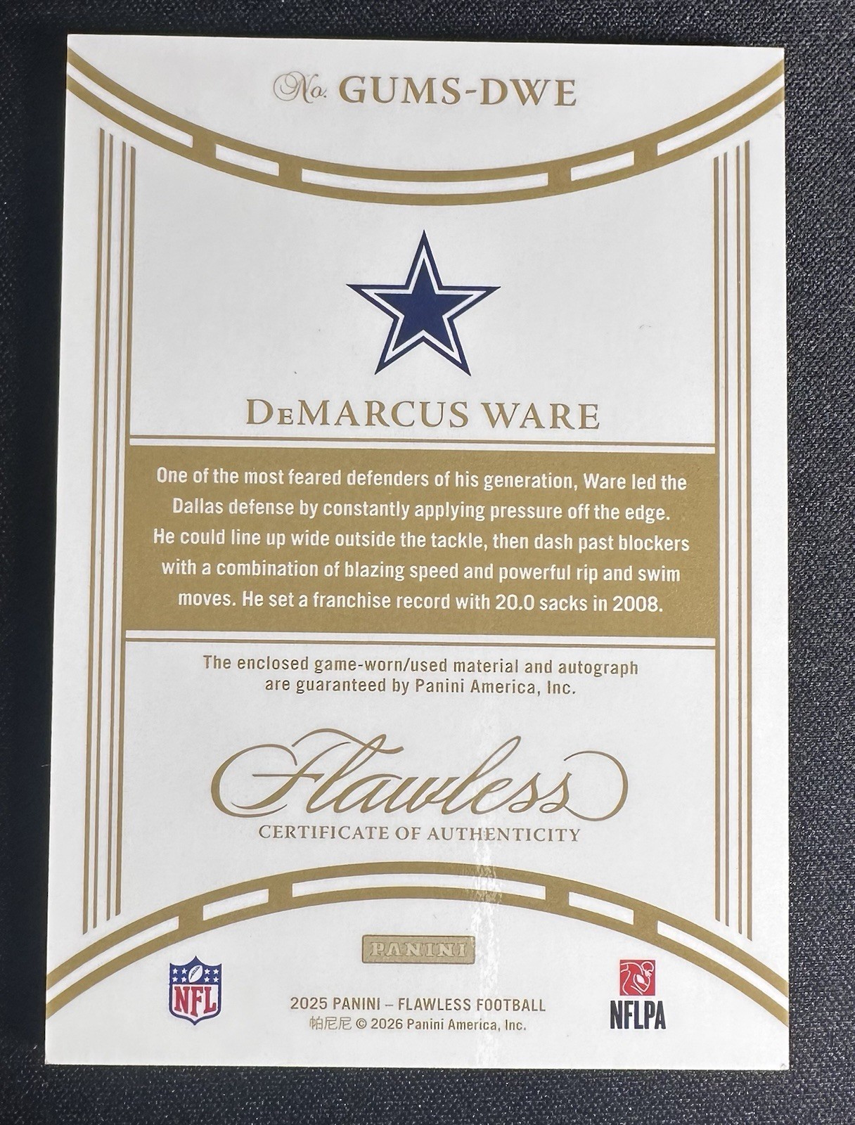 2025 Panini Flawless Demarcus Ware Game Worn Patch On Card Auto /25 GUMS-DWE view 2