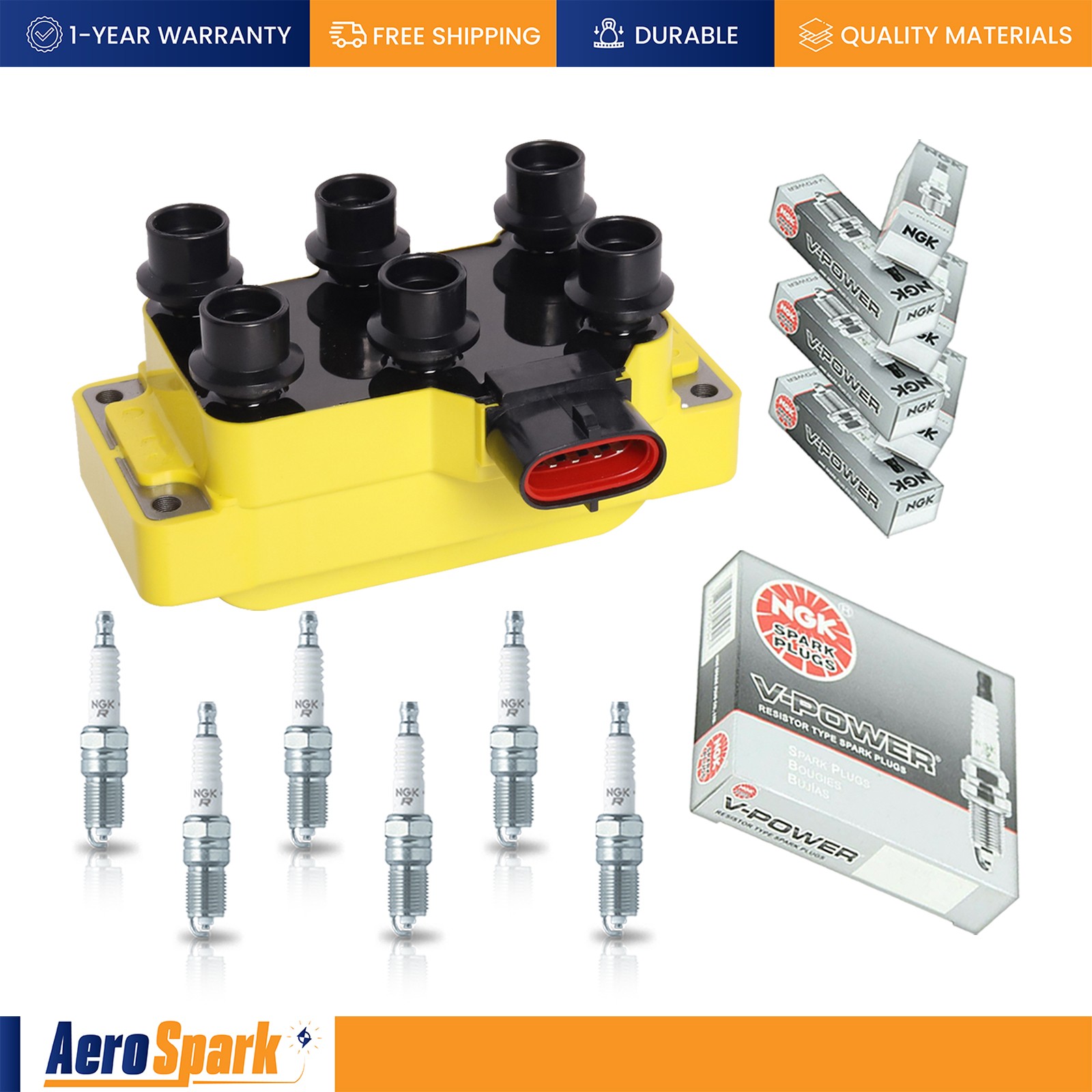 HeavyDuty Ignition Coil  6 NGK Spark Plug for 1997-2000 Mazda B3000 B4000 FD480