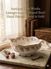 Antique Elite Works Limoges France Scalloped Bowl Hand Painted Floral  Gold