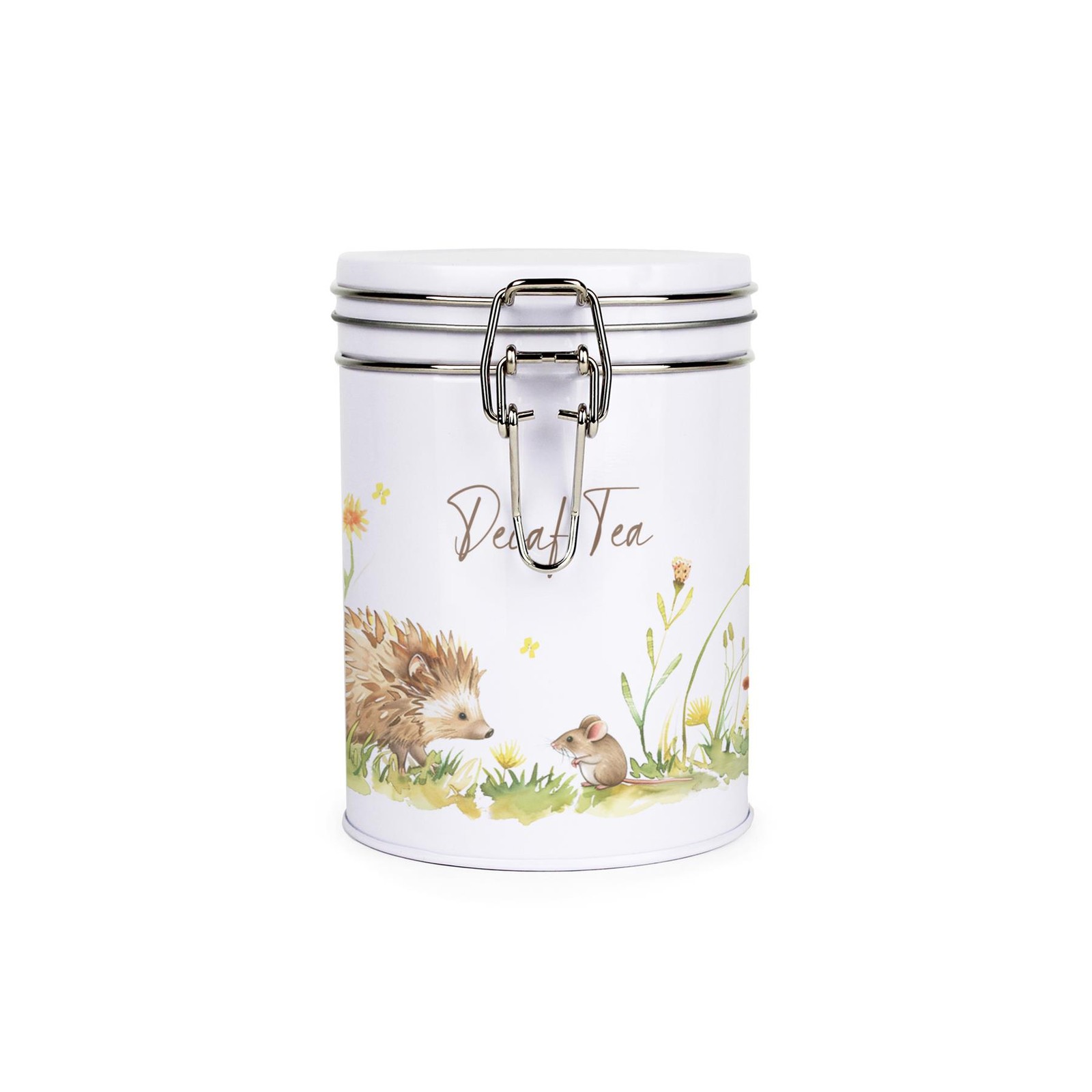 Hedgehog & Mouse Decaf Tea Canister - Metal Clip Lid Kitchen Storage Gifts