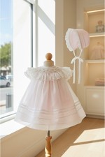 NWT Will'beth Ivory Pink Sheer Smocked Bishop Dress Bonnet Newborn Baby Girls 0