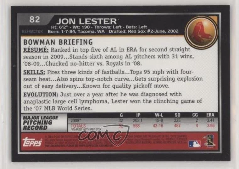 2010 Bowman Chrome Refractor Jon Lester #82 - Image 2 of 2