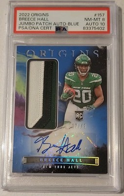 2022 Panini Origins Breece Hall #157 Rookie Jumbo Patch Auto Blue /49 PSA 8/10