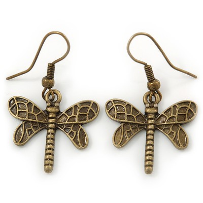 Bronze Tone Etched Dragonfly Drop Earrings 37mm L UK